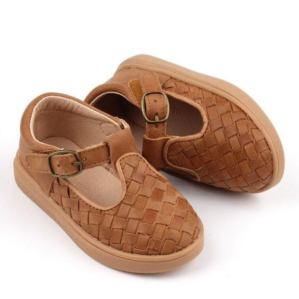 'Walnut' Leather Toddler Woven T-Bar Shoes Hard Sole