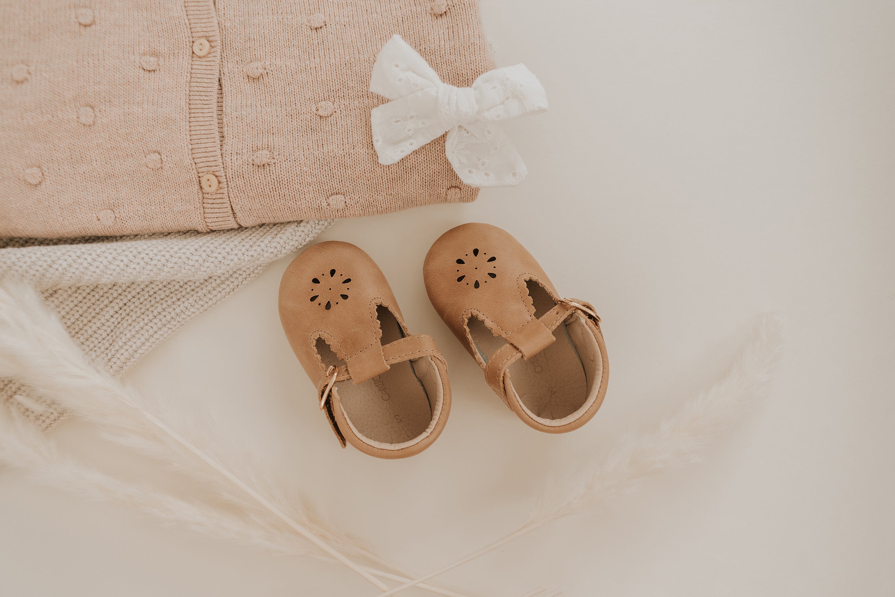Baby Leather Petal T-Bar | Color 'Aged Camel' | Soft Sole