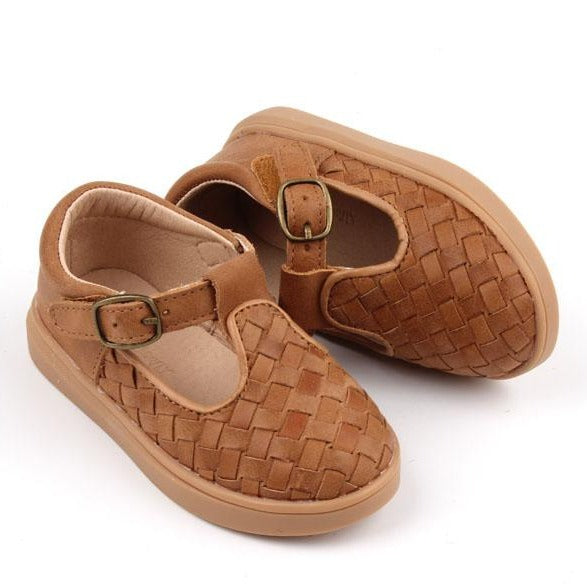 Leather Woven T-Bar | Color 'Walnut' | Hard Sole