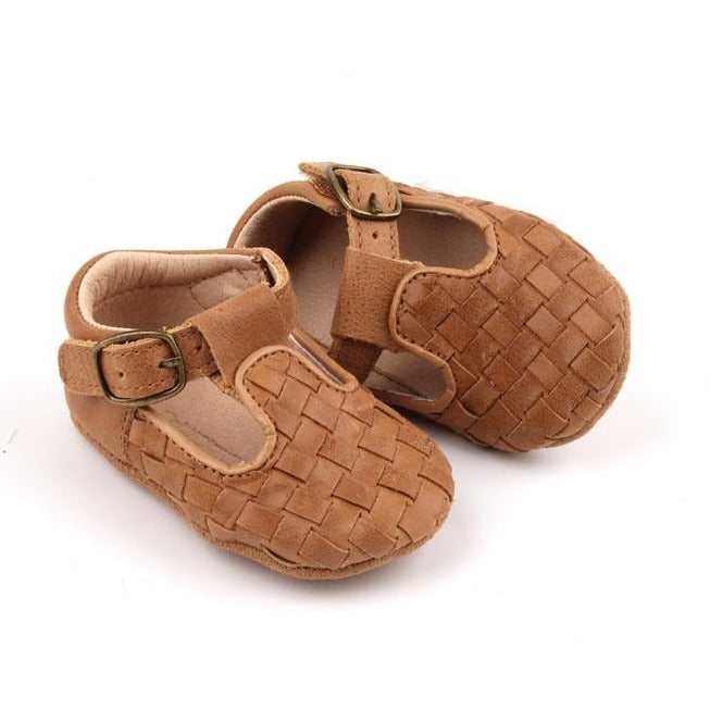 Leather Woven T-Bar | Color 'Walnut' | Soft Sole